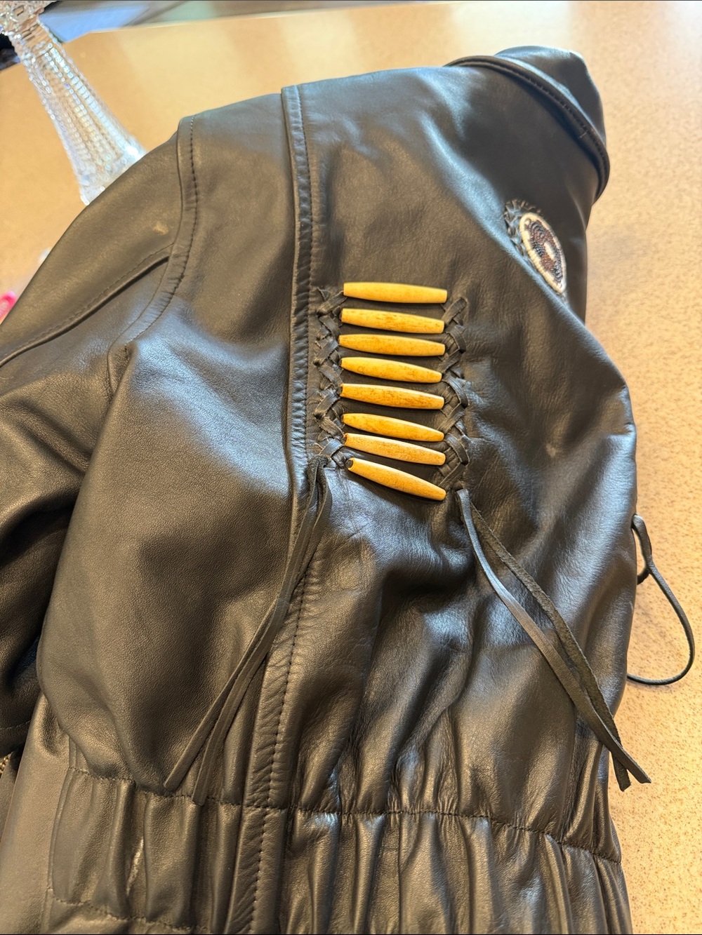 Thinsulate 3M motorcycle Blck Leather Jacket southwest hair pipe and bead accent - Picture 11 of 11